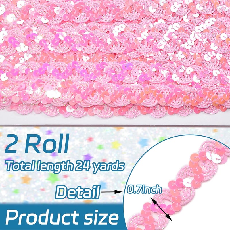 TACOLO Pink Sequin Ribbon Trim 24 Yards, 2 Rolls Flat Sequin Strip Trim Colored Fabric for Wedding Dress, Embellishments, Headband, Fringe - Image 2